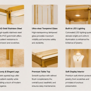 Square Glass Jewelry Cloche | Polished Gold Console Table Twin Jewelry Display Set – Sunzen Display 4 Material close-up of polished gold stainless steel frame, vertical tempered glass, scratch-resistant solid white tabletop