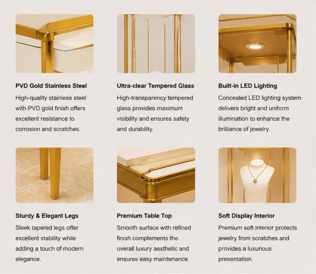 Material close-up of polished gold stainless steel frame, vertical tempered glass, scratch-resistant solid white tabletop