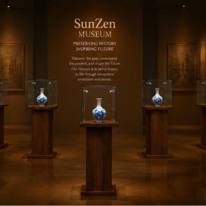 On-site render porcelain bottle vitrine side strip light unit ceramic heritage display cabinet installed in ancient porcelain culture museum exhibition aisle