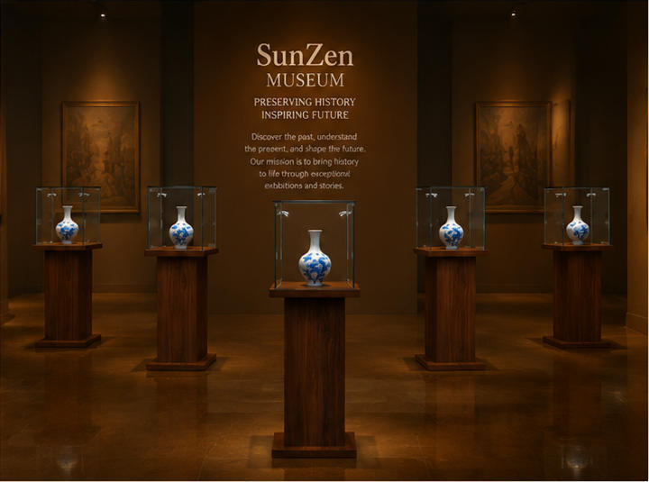 On-site render porcelain bottle vitrine side strip light unit ceramic heritage display cabinet installed in ancient porcelain culture museum exhibition aisle