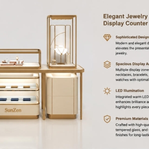 Close-up illuminated two-tier pull-out storage drawers, countertop vertical tower glass vitrine, watch & ring display trays on slim gold frame table inside combined jewelry display set