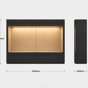 CAD layout recessed wall artifact cabinet dual sliding glass vitrine fabric lined museum case wall mount heritage booth dimension drawing