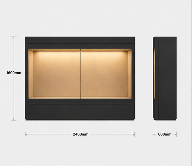 CAD layout recessed wall artifact cabinet dual sliding glass vitrine fabric lined museum case wall mount heritage booth dimension drawing