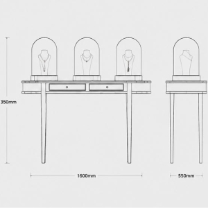 Bell Glass Display | Rose Gold Jewelry Table Store Window Pedestal – Sunzen Display 6 CAD dimension drawing of rose gold two-drawer jewelry table with three bell glass necklet dome stands