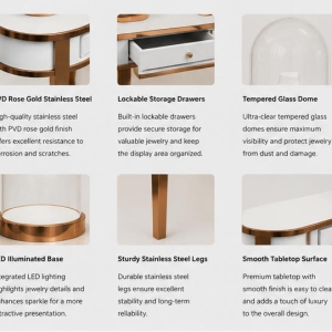 Bell Glass Display | Rose Gold Jewelry Table Store Window Pedestal – Sunzen Display 4 Material craft close-up of mirror rose gold stainless steel, tempered bell glass, scratch-resistant solid surface tabletop