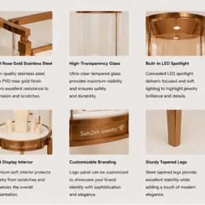 Round Glass Jewelry Tower | Rose Gold Pedestal Stand Tall Circular Showcase – Sunzen Display 4 Material craft close-up of mirror rose gold stainless steel frame, seamless cylindrical tempered glass, solid white display base