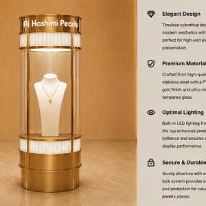 Cylindrical Pearl Tower | Rotatable Floor Kiosk Brass Round Vitrine - Sunzen 5 45° render cylindrical pearl tower brass round vitrine branded top plinth 360 glass cylinder rotatable floor kiosk functional labels