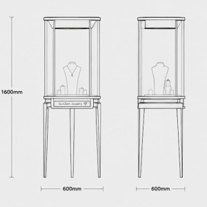 Round Glass Jewelry Tower | Rose Gold Pedestal Stand Tall Circular Showcase – Sunzen Display 6 CAD layout drawing of round glass jewelry tower rose gold pedestal stand cylindrical display vitrine dimension marking