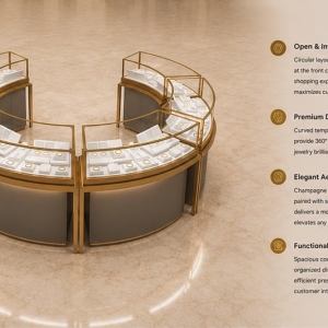 Round Modular Jewelry Kiosk | Split Modular Mall Jewelry Island Kiosk - SUNZEN 3 Round Modular Gold Frame Jewelry Kiosk Split Curved Mall Jewelry Island Booth Render