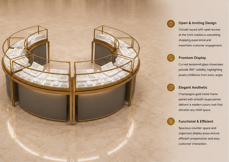 Round Modular Gold Frame Jewelry Kiosk Split Curved Mall Jewelry Island Booth Render