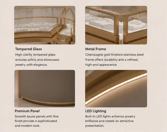Polished Gold Metal Frame Curved Display Counter Cabinet Base Close-up