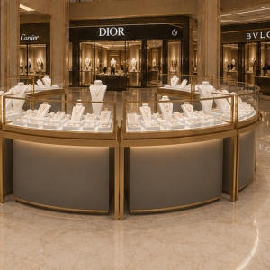 Round Modular Jewelry Kiosk | Split Modular Mall Jewelry Island Kiosk - SUNZEN 6 Round Modular Gold Frame Jewelry Kiosk Mall Central Passage Installation Shot