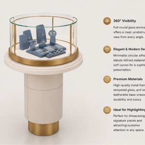 Jewelry Round Pedestal Display Stand | Gold Frame Circular Glass Tiered Base Showcase - SUNZEN 4 45 Degree Full Render of Tiered Cylindrical Base Gold Rim Circular Glass Jewelry Round Pedestal Display Stand
