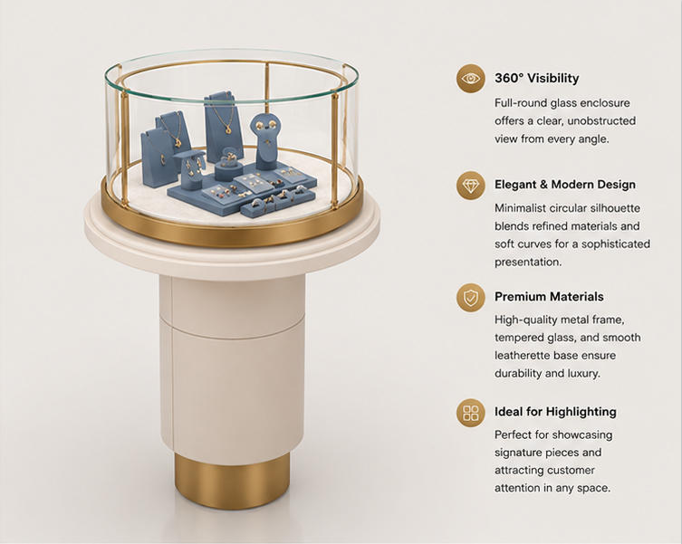 45 Degree Full Render of Tiered Cylindrical Base Gold Rim Circular Glass Jewelry Round Pedestal Display Stand