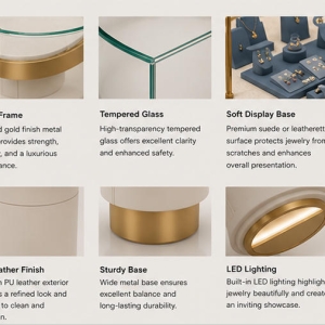 Jewelry Round Pedestal Display Stand | Gold Frame Circular Glass Tiered Base Showcase - SUNZEN 5 Material & Craft Close-up of Tiered Cylindrical Base Gold Rim Circular Glass Jewelry Round Pedestal Display Stand