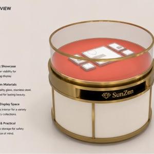 45 Degree Full Render of Round Gold Frame Rotary Red Liner Circular Jewelry Central Showcase