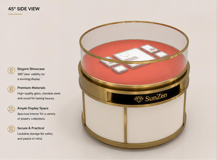 45 Degree Full Render of Round Gold Frame Rotary Red Liner Circular Jewelry Central Showcase