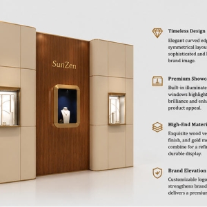 Triple Niche Brand Wall | Wood Cream Panel Wall Rounded Recess Vitrine Central Logo Backdrop Flanking Small Gem Booth 4 Close-up central rounded gold-frame recess vitrine, metal brand letter logo, symmetrical flanking small wall niches inside triple niche brand wall wood cream panel wall
