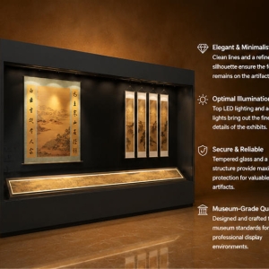 Close-up low iron UV glass, top anti-glare LED strip, hanging scroll hooks, long manuscript shelf inside wall recess artwork cabinet