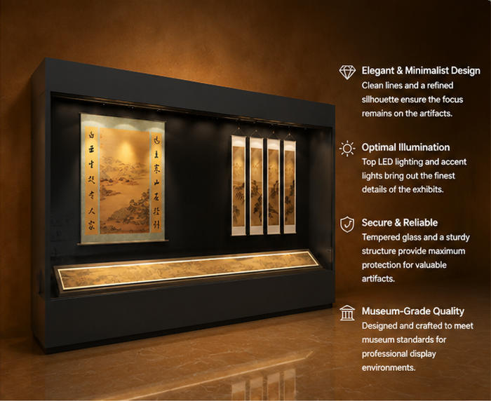 Close-up low iron UV glass, top anti-glare LED strip, hanging scroll hooks, long manuscript shelf inside wall recess artwork cabinet