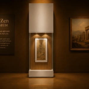 Vertical Scroll Vitrine | Wood Back Wall Booth Tall Narrow Art Case Wall Hanging Painting Unit Scroll Heritage Display Cabinet 6 On-site render vertical scroll vitrine wall hanging painting unit scroll heritage display cabinet installed in traditional Chinese painting art museum exhibition hall