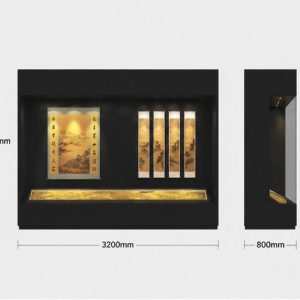 CAD layout scroll painting display vitrine wall recess artwork cabinet hanging calligraphy booth horizontal manuscript exhibit UV archival art case dimension drawing