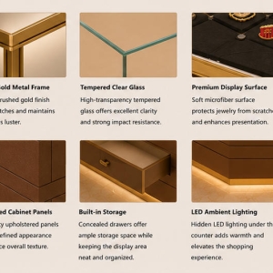 V-Shaped Wood Trim Jewelry Corner Showcase | Store Corner Enclosed Jewelry Display Counter - SUNZEN 5 Wood Trim Edge, Enclosed Glass & Leather Cabinet Close-up of V-Shaped Jewelry Corner Showcase