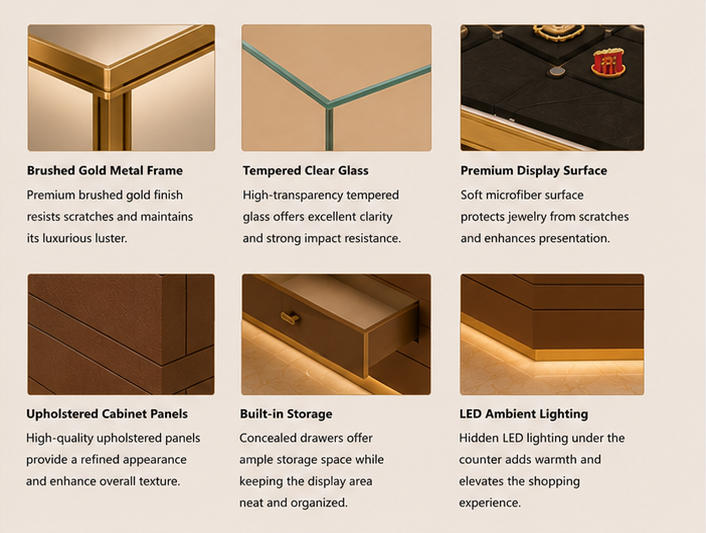 Wood Trim Edge, Enclosed Glass & Leather Cabinet Close-up of V-Shaped Jewelry Corner Showcase
