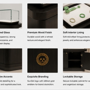 Jewelry Single Dark Wood Jade Display Counter | Round Carved Brass Knob Single Glass Oriental Showcase – Sunzen 5 Material & Craft Close-up of Single Integrated Glass Double-Ring Brass Knob Dark Wood Jade Jewelry Display Counter