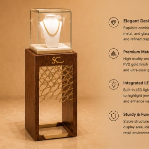 Wood Jewelry Pedestal | Cutout Metal Tall Necklace Booth - Sunzen 5 45° render wood jewelry pedestal cutout metal stand tall necklace booth carved display tower feature labels
