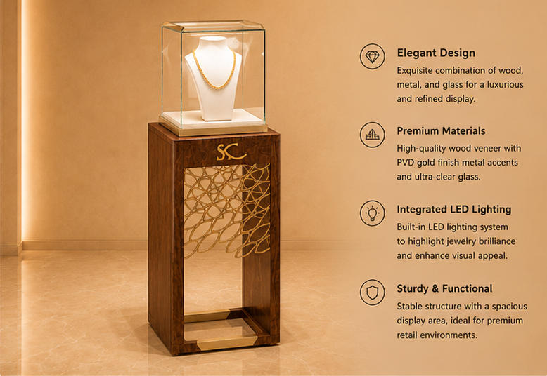 45° render wood jewelry pedestal cutout metal stand tall necklace booth carved display tower feature labels