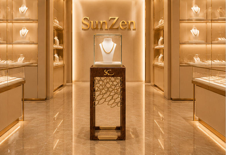 Full vertical render single carved display tower wood jewelry pedestal lockable tall necklace booth for boutique entrance focal jewelry display