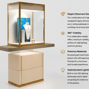 Jewelry Single Tower Display Stand | Gold Frame Blue Backdrop Pedestal Showcase – Sunzen 4 45 Degree Full Render of Gold Frame Blue Backdrop Single Pedestal Jewelry Showcase
