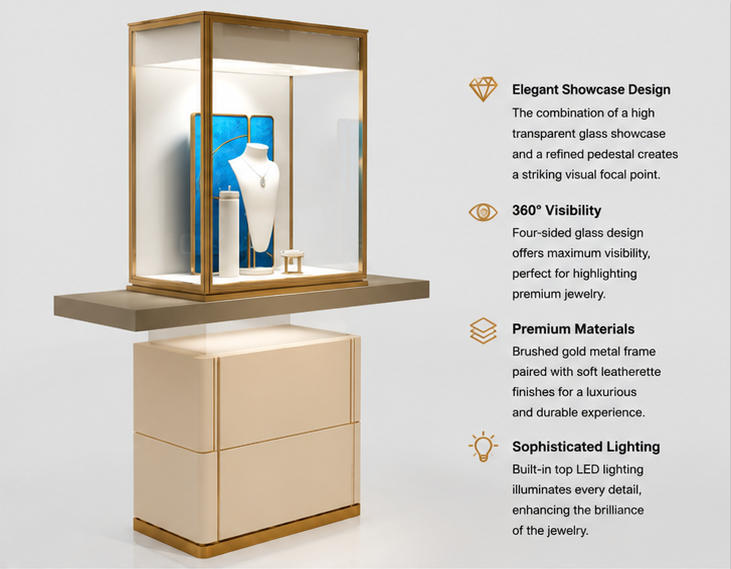 45 Degree Full Render of Gold Frame Blue Backdrop Single Pedestal Jewelry Showcase