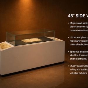 Flat Map Vitrine | Tilt Side Booth Dark Base Horizontal Case Document Heritage Unit Top Open Paper Cabinet 4 Close-up slanted side info plaque, matte dark anti-reflection inner base, low iron top open glass cover inside flat map vitrine tilt side booth