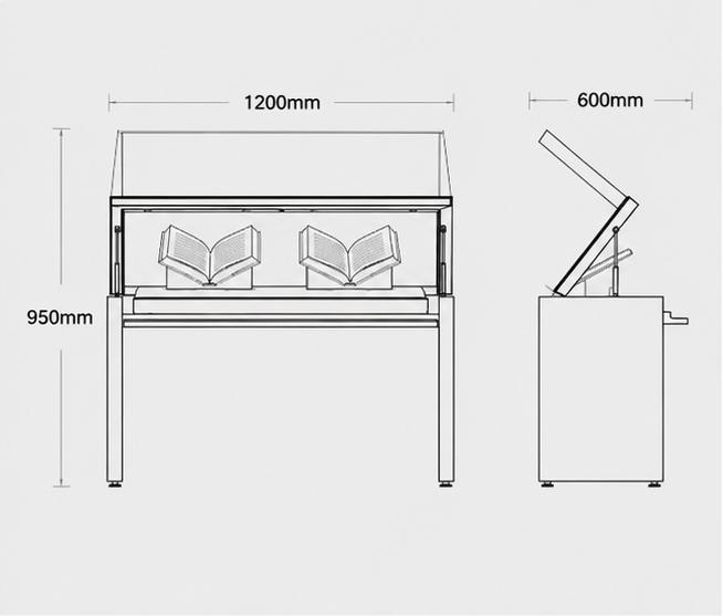 CAD layout drawing of slant top book vitrine museum document display tilt glass exhibit stand dimension marking