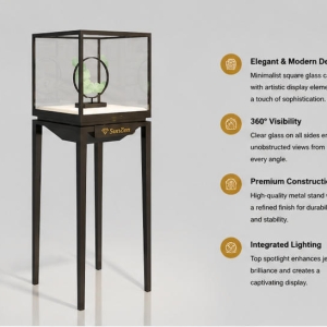 45 Degree Full Render of Four Ultra Slim Tall Black Metal Leg Cube All-Glass Minimalist Light Jewelry Focal Showcase Pedestal