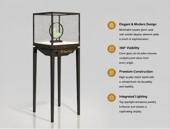 45 Degree Full Render of Four Ultra Slim Tall Black Metal Leg Cube All-Glass Minimalist Light Jewelry Focal Showcase Pedestal