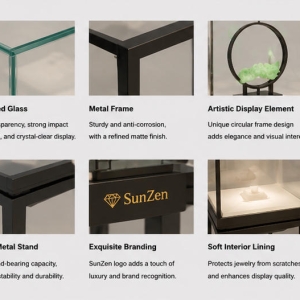 Material & Craft Close-up of Four Ultra Slim Tall Black Metal Leg Cube All-Glass Light Jewelry Display Pedestal