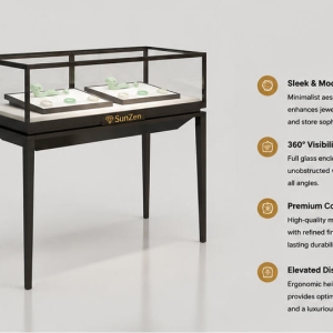 Jewelry slim metal jade table | Minimalist Tall Leg Glass Retail Showcase – Sunzen 4 45 Degree Full Render of All-Black Thin Frame Tall Slim Metal Leg Dual Split Glass Minimalist Jade Jewelry Showcase