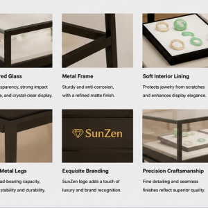 Jewelry slim metal jade table | Minimalist Tall Leg Glass Retail Showcase – Sunzen 5 Material & Craft Close-up of All-Black Thin Frame Tall Slim Metal Leg Dual Split Glass Jade Jewelry Display Table