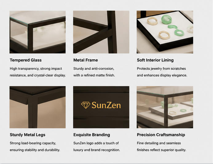 Material & Craft Close-up of All-Black Thin Frame Tall Slim Metal Leg Dual Split Glass Jade Jewelry Display Table