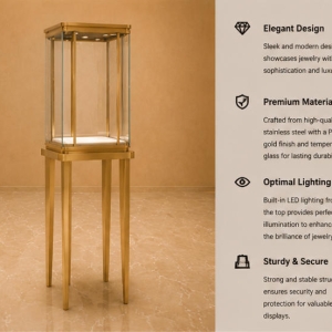 Rounded Top Vitrine | Single Tower Display Two Post Pedestal - Sunzen 5 45° render rounded top vitrine two post pedestal 3-side glass booth slender floor plinth single tower display functional labels