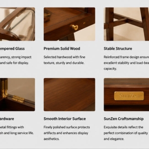 Material close-up seamless solid walnut vintage wood grain frame, slim four leg support, clear curved UV glass for wall leaning tall case vintage metal relic cabinet