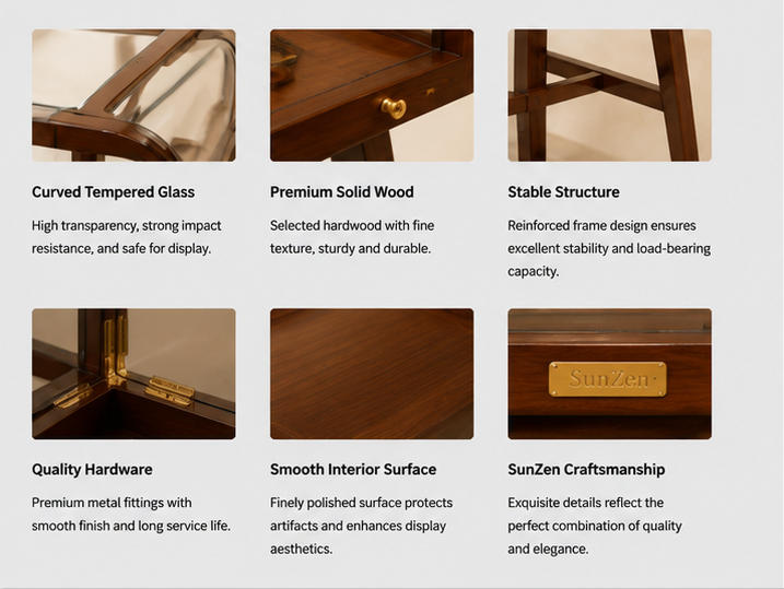 Material close-up seamless solid walnut vintage wood grain frame, slim four leg support, clear curved UV glass for wall leaning tall case vintage metal relic cabinet