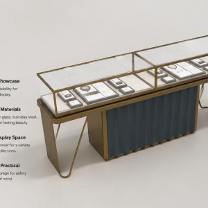 45 Degree Full Render of Split Curved Gold V Leg Wave Dark Grey Dual Glass Jewelry Retail Showcase