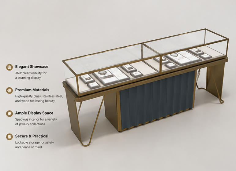 45 Degree Full Render of Split Curved Gold V Leg Wave Dark Grey Dual Glass Jewelry Retail Showcase