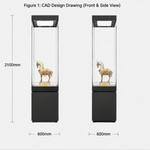 Square Base Terracotta Vitrine | Block Base Heritage Tower Single Sculpture Museum Plinth – Sunzen Display 3 CAD layout drawing of square base terracotta vitrine clay figurine display cabinet block base heritage tower dimension marking