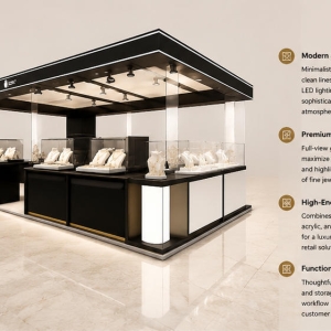 Square Black Jewelry Kiosk | LED Light Full Glass Mall Jewelry Booth - SUNZEN 3 Square Black Jewelry Kiosk LED Light Full Glass Mall Jewelry Booth Render