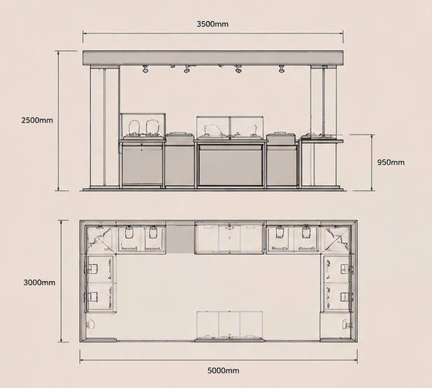 Square Enclosed Kiosk Frame & Multi Glass Display Counter Mechanical CAD Drawing